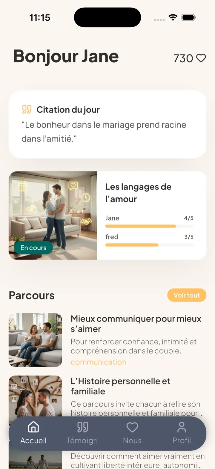 Prépa Mariage app home screen: quote of the day, journey in progress and marriage preparation topics.