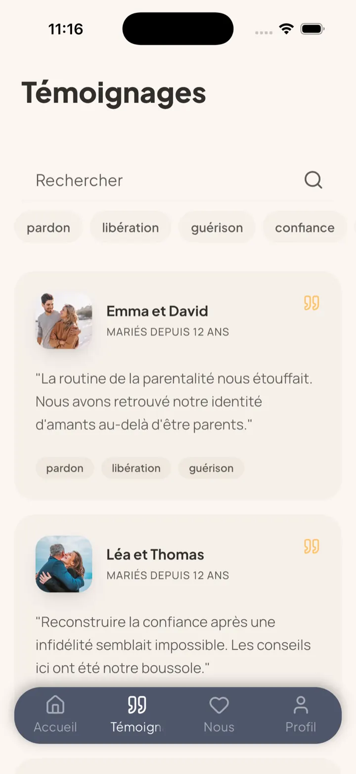 Testimonios de parejas casadas en la aplicación Prépa Mariage.