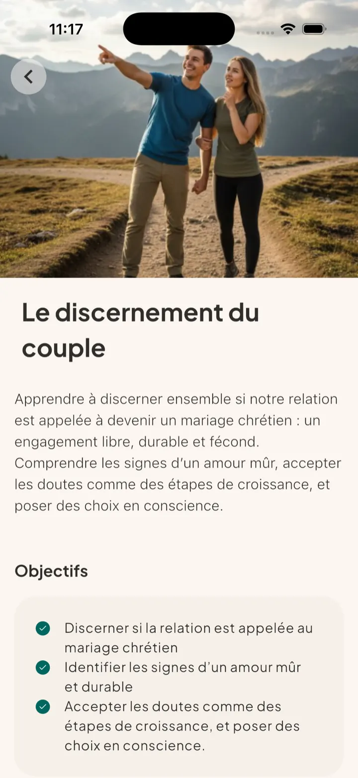 Itinerario «El discernimiento de la pareja» abierto en la aplicación.